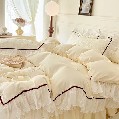DecorBites™ Lace Ruffles Bedding Set: 4pcs Solid Color Princess Quilt Cover, Bed Skirt, 100% Cotton Pillowcase