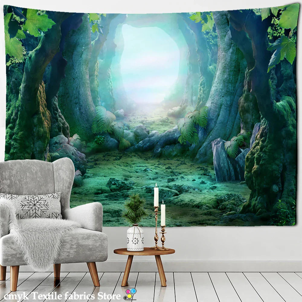 Fog Forest Sunlight Tapestry: Decobites Natural Scenery Aesthetic Wall Hanging