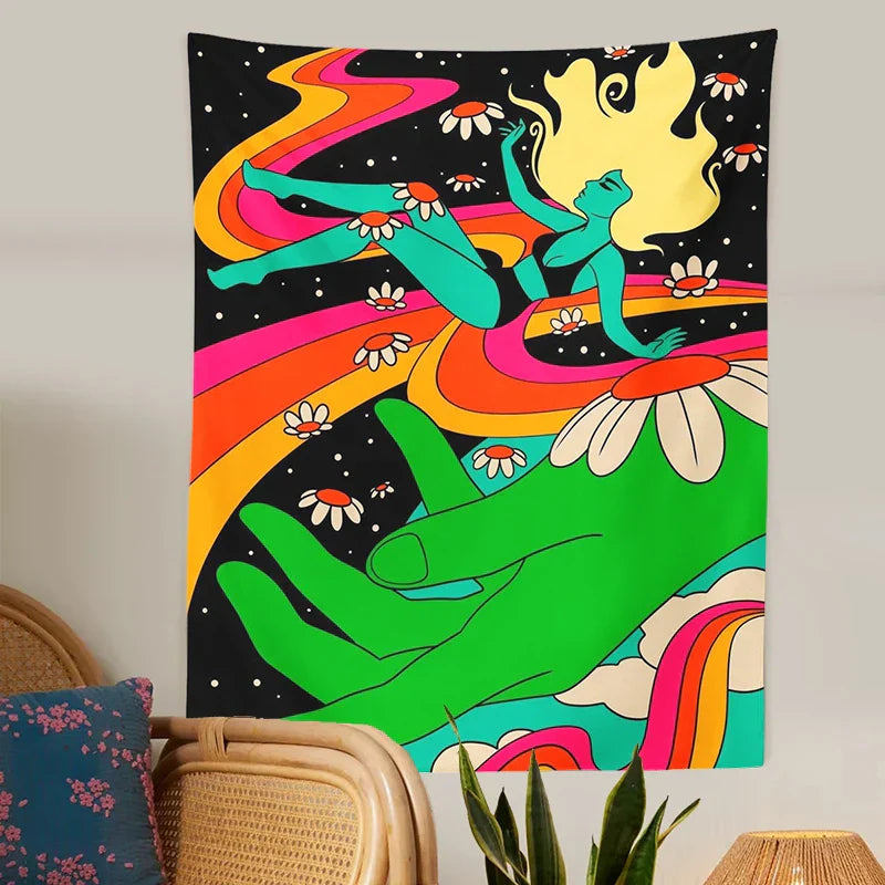 Decobites Retro Rainbow Woman Tapestry Wall Hanging: 80s Boho Psychedelic Wall Decor