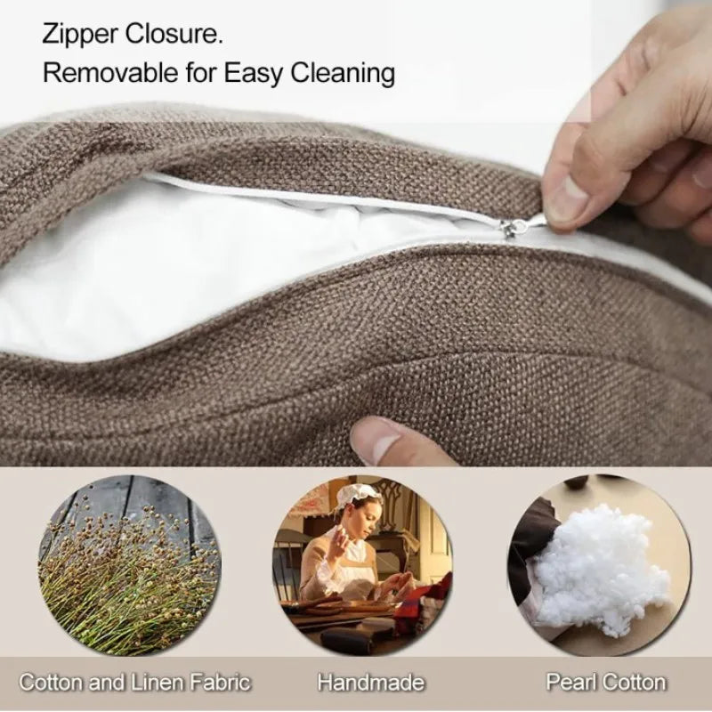 DecorBites™ Grey Linen Round Floor Pillow Seating Cushion with Zippered Cover Pouf