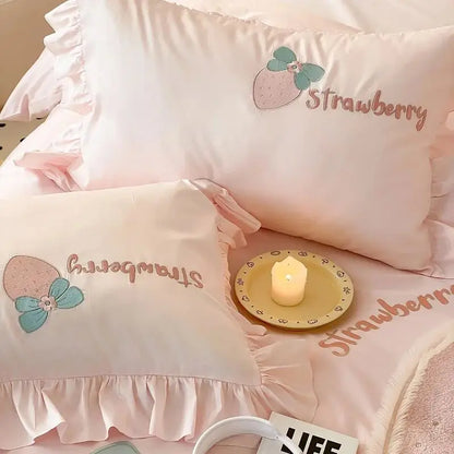 Decobites Pink Strawberry Embroidery Girl Bedding Set 1000TC Egyptian Cotton