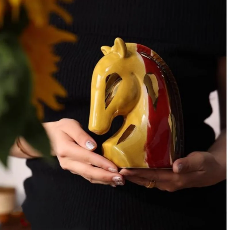 ديكور بايتس™ - مزهرية خزفية على شكل رأس حصان هندسي وتمثال حيواني - ديكور منزلي