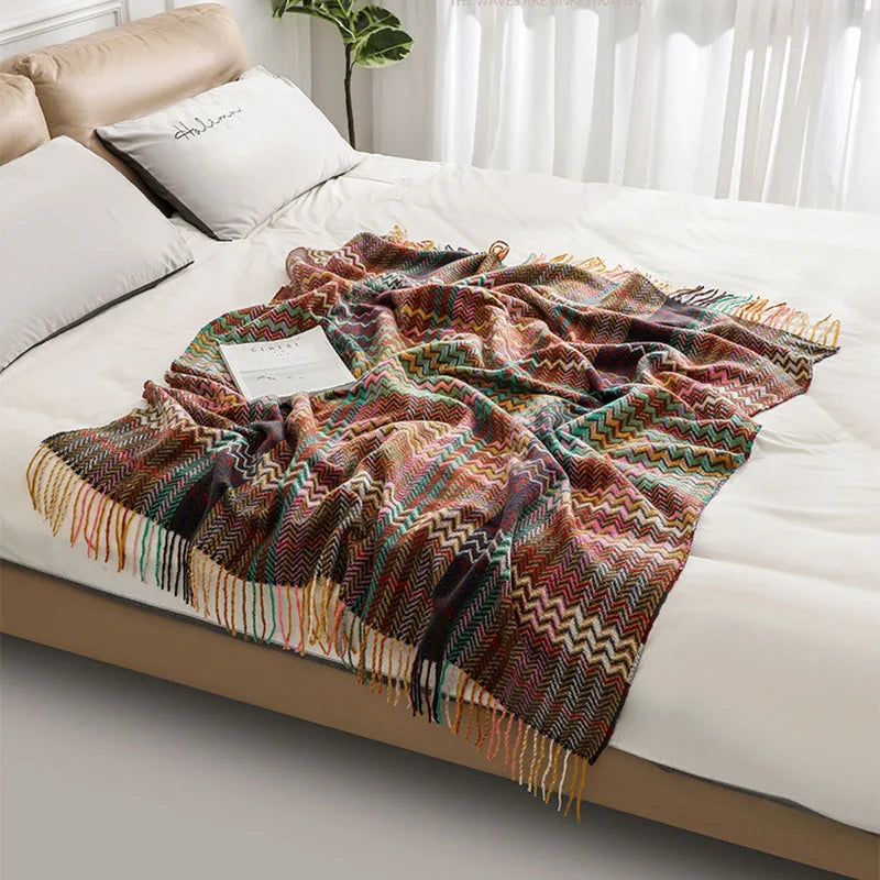 DecorBites™ Ethnic Wave Woven Tassel Blanket: Multi-functional for Bed, Sofa, Table, Office Nap