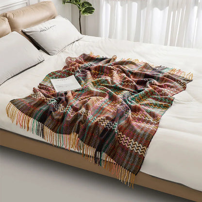 DecorBites™ Ethnic Wave Woven Tassel Blanket: Multi-functional for Bed, Sofa, Table, Office Nap