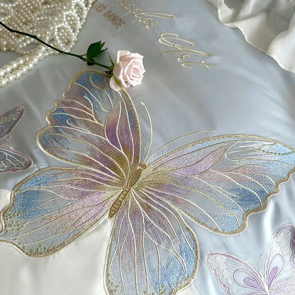 Decobites Butterfly Embroidery Lace Ruffles Bedding Set 100S Egyptian Cotton Duvet Cover