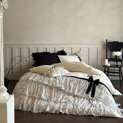 DecorBites™ Lace Ruffles Bow Princess Bedding Set: Egyptian Cotton Duvet Cover, Bedskirt, Bedspread, Pillowcases