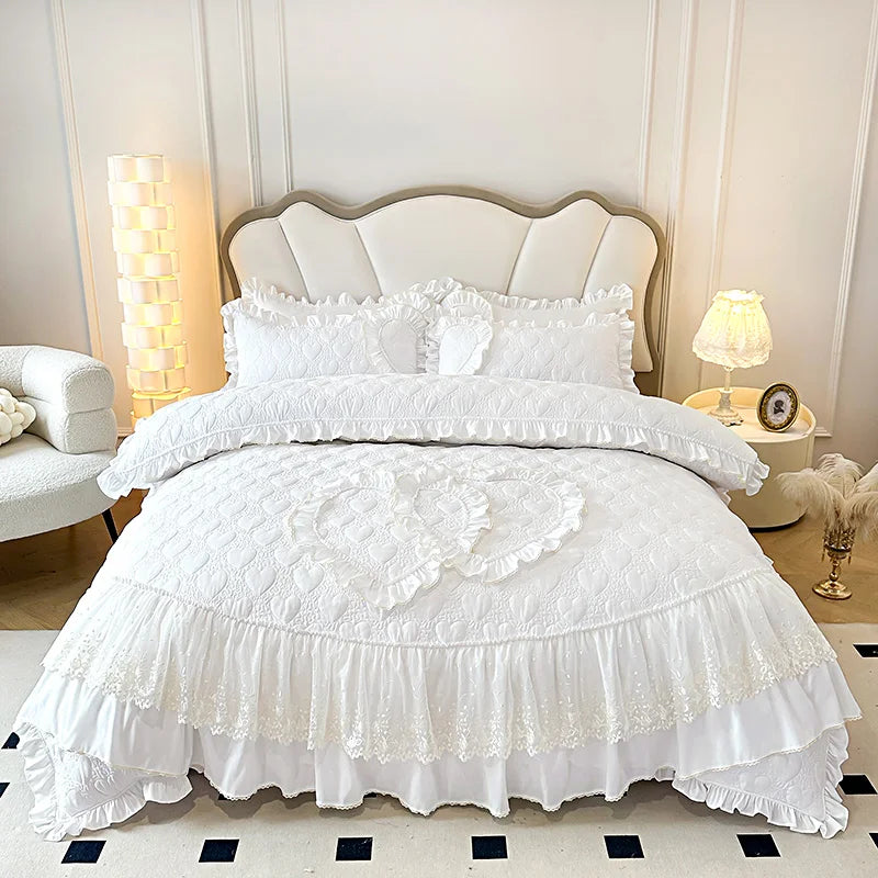 Decobites Korean Princess Style Bedding Set with Lace Ruffles and Love Theme