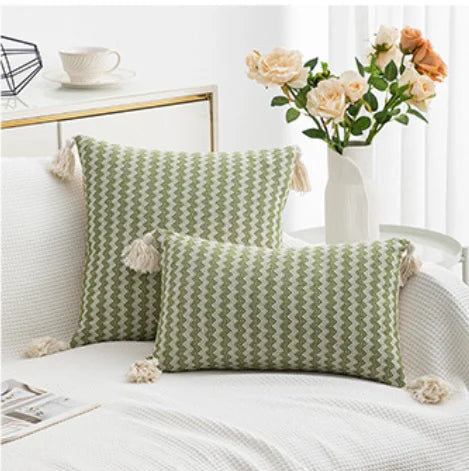 DecorBites™ Jacquard Woven Cushion Cover with Tassels - Modern Minimalist Striped Design