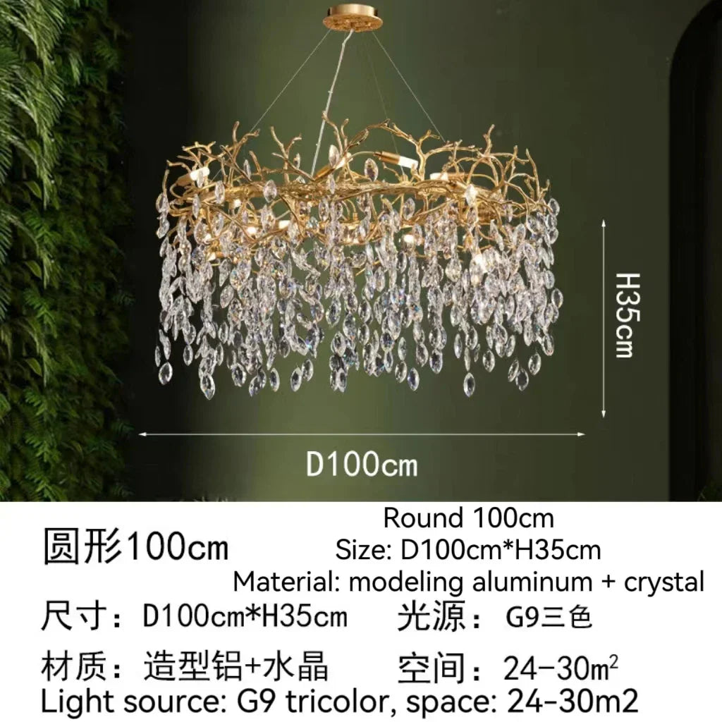 DecorBites™ Golden Crystal Tree Chandelier, Luxury Matte Aluminum Art Ceiling Light for Living Room