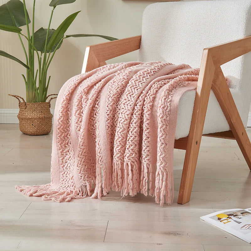 DecorBites™ Knitted Tassels Blanket: Cozy Solid Color for Sofa, Bed, or Homestay