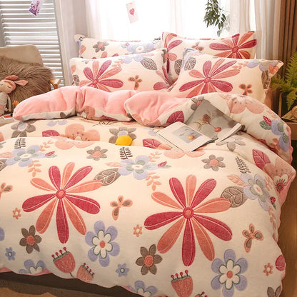 Decobites Flower Print Thicken Winter Warm Bedding Set with Sheet Pillowcases