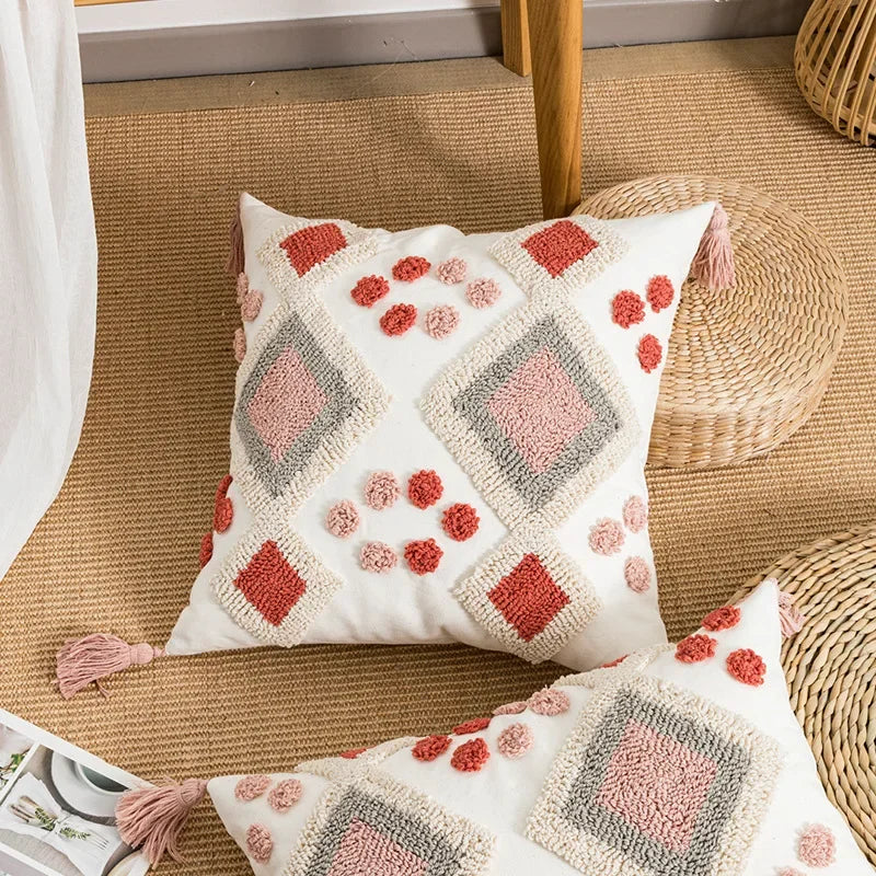 DecorBites™ Boho Loop Tufted Tassel Pillow Cover - Ethnic Embroidered Decorative Cushion