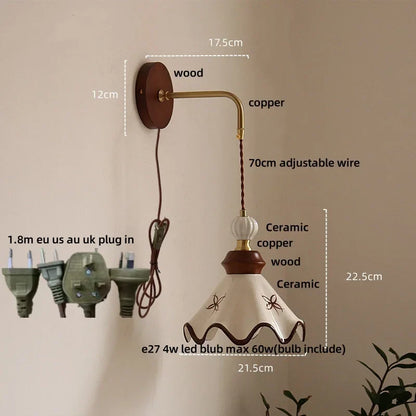 DecorBites™ Ceramic LED Wall Light Copper Pull Chain Wood Base Modern Bedside Lamp