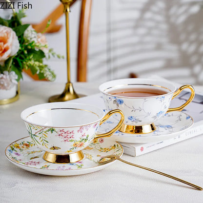 DecorBites™ Gold Flowers Pattern Ceramic Cup & Saucer Set for Elegant Dining Experience