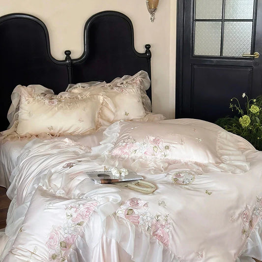 Decobites Vintage Lace Ruffles Embroidery Bedding Set with Duvet, Sheet, and Pillowcases