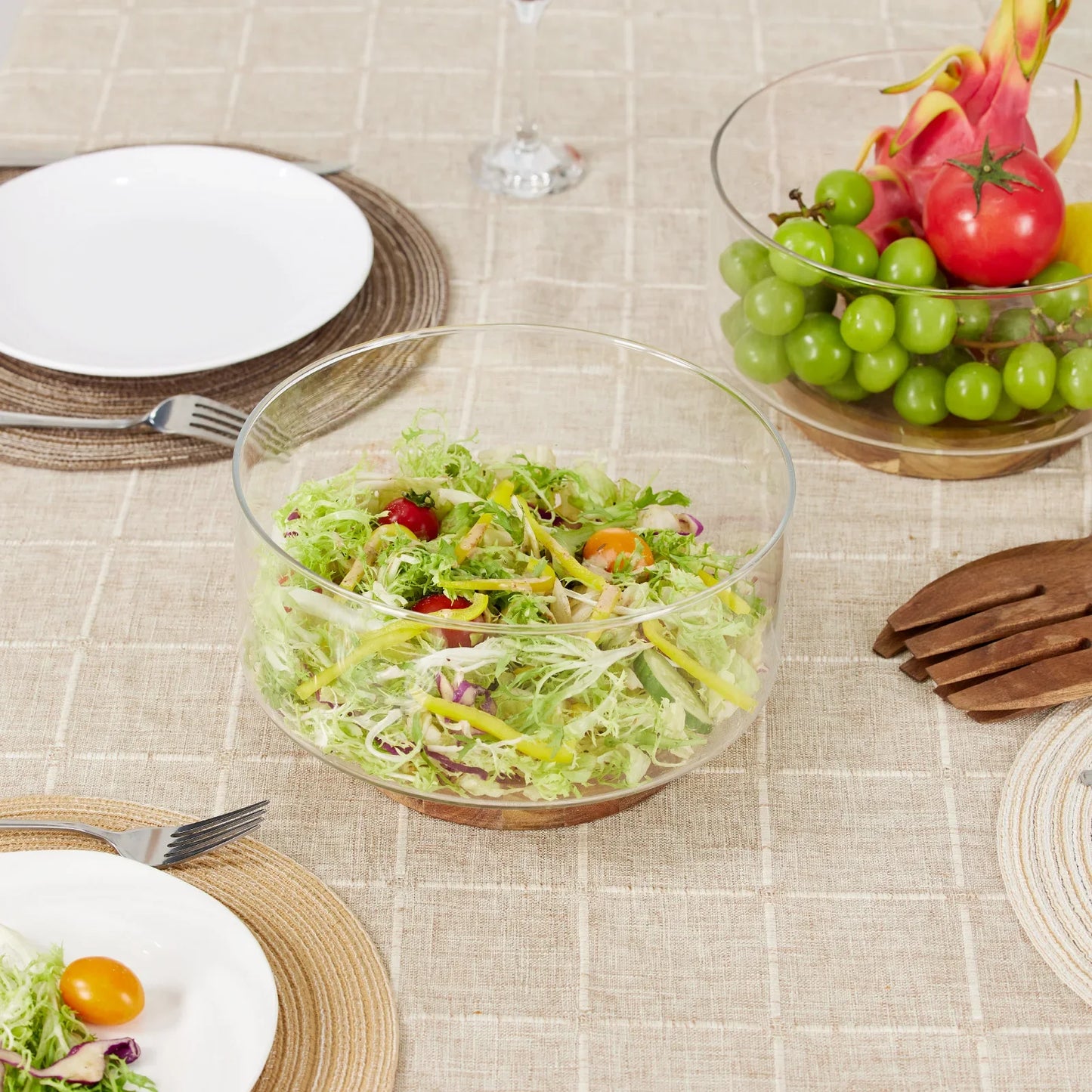 Frutero de vidrio creativo DecorBites™ con base de madera: ensaladera grande para aperitivos, palomitas de maíz, frutos secos y más.