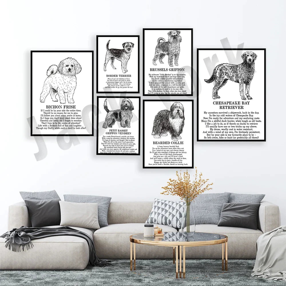 DecorBites™ Dog Breeds Poster: Chinese Crested, Chesapeake Retriever, Brussels Griffon, + More