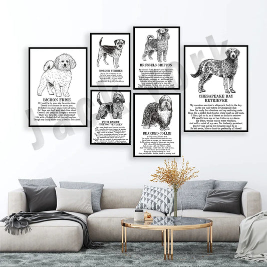 DecorBites™ Dog Breeds Poster: Chinese Crested, Chesapeake Retriever, Brussels Griffon, + More