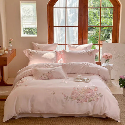 Decobites Pink Flowers Embroidery Cotton Bedding Set - Duvet Cover, Bed Sheet, Pillowcases