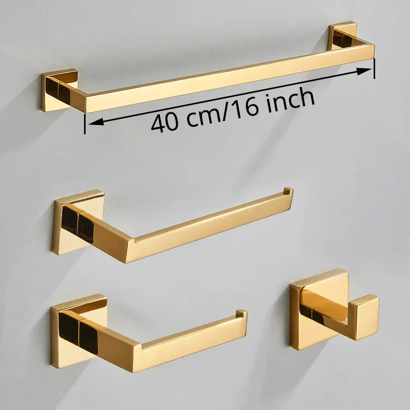 Conjunto de Herrajes de Baño Decorbites™ Oro: Gancho para Batas, Barra para Toallas, Estante, Soporte para Papel Higiénico