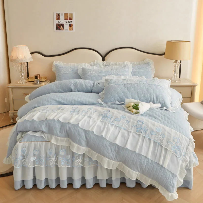 Decobites Quilted Embroidery Bedding Set with Lace Ruffles, Duvet Cover, Bed Skirt - Various Colors