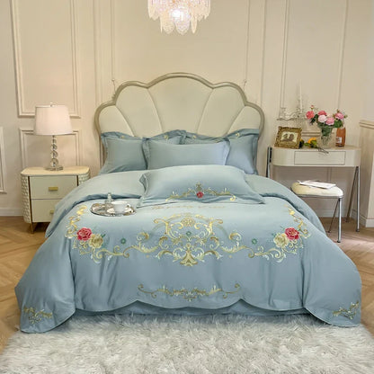 Decobites Floral Embroidery Luxury Bed Set - Queen/King Duvet Cover, Sheet, Pillowcases