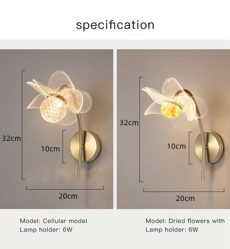 delicate floral decorative gold led wall lamp for bedroom featuring a slender stem with translucent mesh petals and an illuminated central bulb.