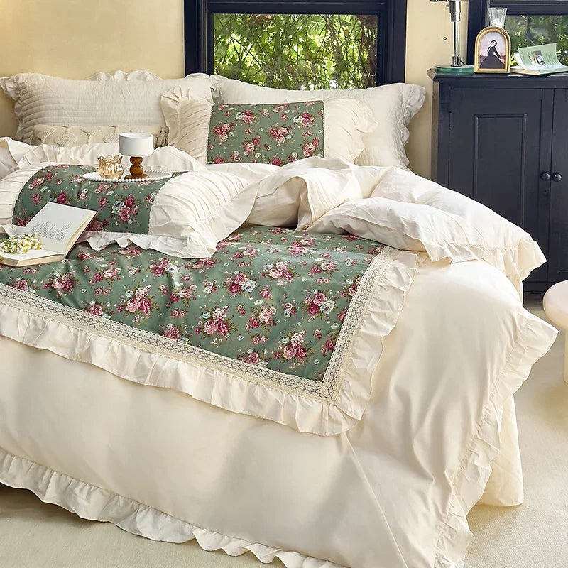 Decobites French Flowers Lace Ruffles Cotton Bedding Set with Duvet Cover, Bed Skirt, and Pillowcases