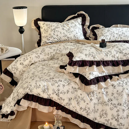 Decobites Vintage Floral Cotton Ruffles Princess Bedding Set with Double Layer