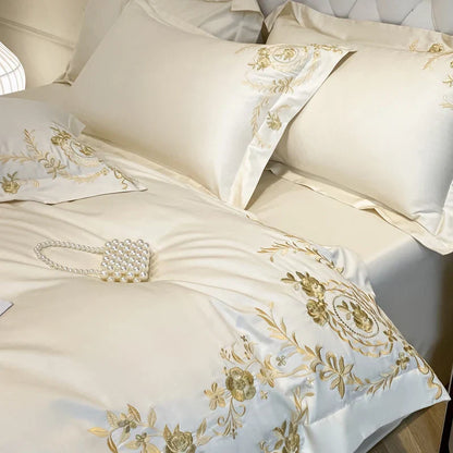 Decobites Luxury Gold Flowers Embroidery Cotton Bedding Set