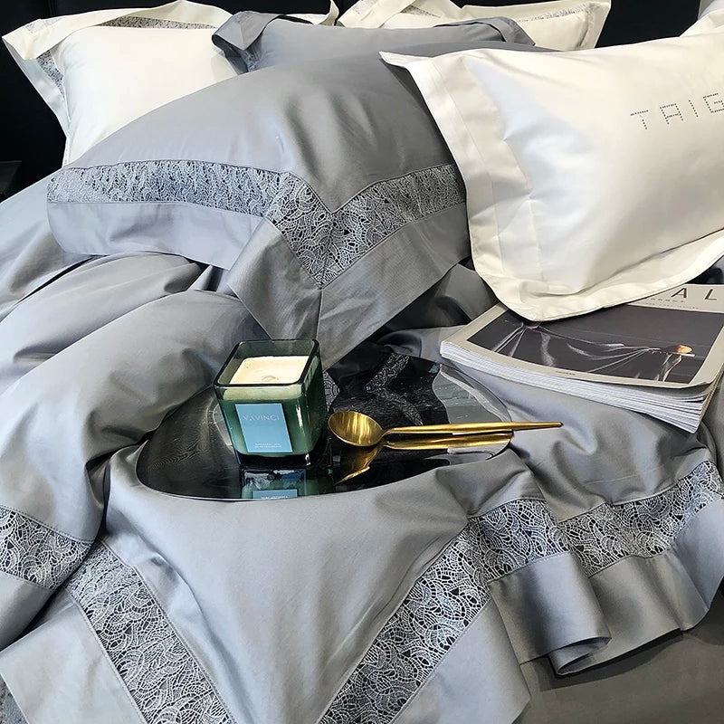 DecorBites™ Grey Hollow Lace 1000TC Egyptian Cotton Bedding Set with Wide Edge