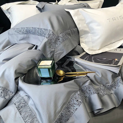 DecorBites™ Grey Hollow Lace 1000TC Egyptian Cotton Bedding Set with Wide Edge