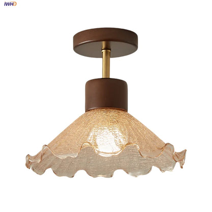 DecorBites™ Amber Glass Wood LED Ceiling Light Fixture for Modern Living Room.