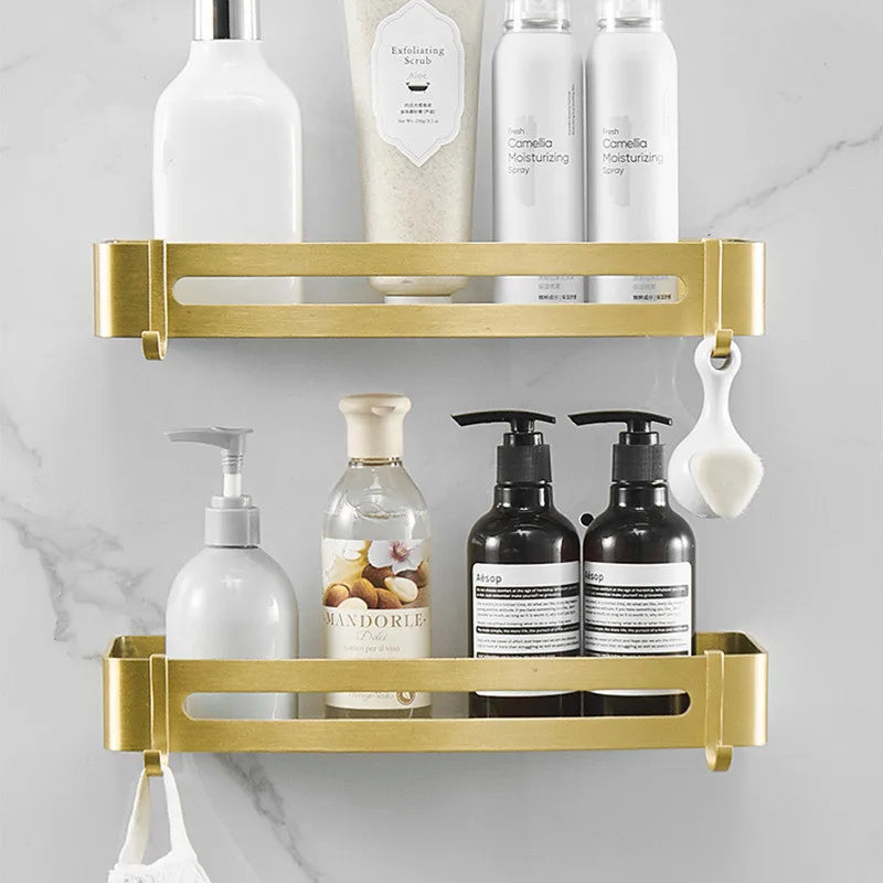 DecorBites™ Brushed Gold Aluminum Bathroom Corner Shelf Wall Mounted Shower Shampoo Holder