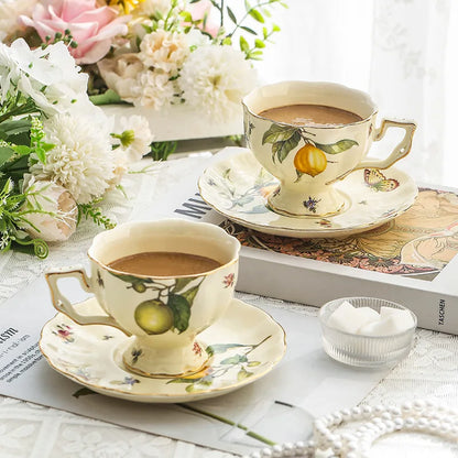 DecorBites™ Lemon Pattern Porcelain Tea Set: Teapot, Kettle, Handle Cup, Mugs