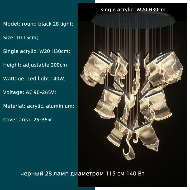 DecorBites™ Acrylic Leaf Chandelier LED Light Dimmable Luxury Pendant for Home Decor
