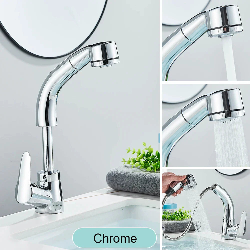 صنبور حوض أسود من DecorBites™: خلاط حوض قابل للسحب مع دوران 360 درجة ورذاذ ساخن وبارد