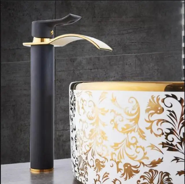 DecorBites™ Gold and White Waterfall Bathroom Basin Faucet Mixer Tap Hot Cold Sink