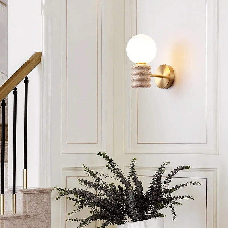 DecorBites™ Japanese LED Wall Lamp, Pull Chain Switch, Yellow Travertine Glass, White Shade