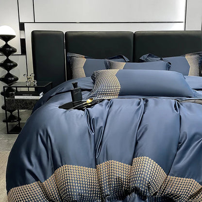 طقم مفروشات فاخر مطرز من القطن DecorBites™ 1000TC باللون الأزرق والأبيض والشمبانيا