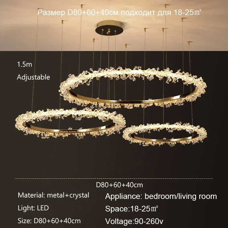 DecorBites™ Golden Round Crystal Chandelier | Nordic Luxury LED Halo Chandelier for Living Room