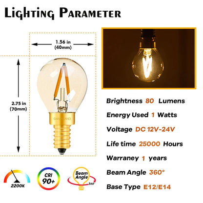DecorBites™ Gold-Tinted Glass LED Filament Bulb, 1W, Warm White (2200K) for Solar Battery Camping
