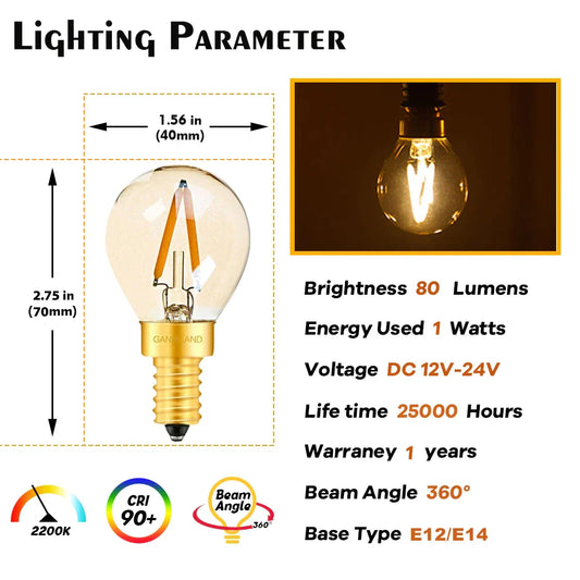 DecorBites™ Gold-Tinted Glass LED Filament Bulb, 1W, Warm White (2200K) for Solar Battery Camping