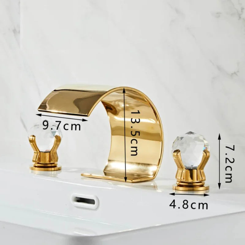DecorBites™ Gold Crystal Handle Bathroom Faucet - Widespread Brass Sink Tap