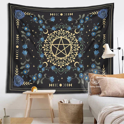 Decobites Blue Rose Moon Floral Tapestry Wall Hanging Botanical Tarot Mat