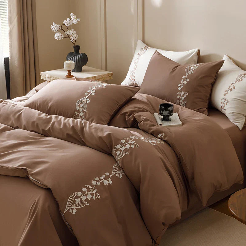 Decobites Elegant Lily of the Valley Embroidery Brown Cotton Bedding Set