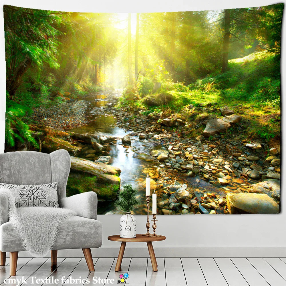 Fog Forest Sunlight Tapestry: Decobites Natural Scenery Aesthetic Wall Hanging