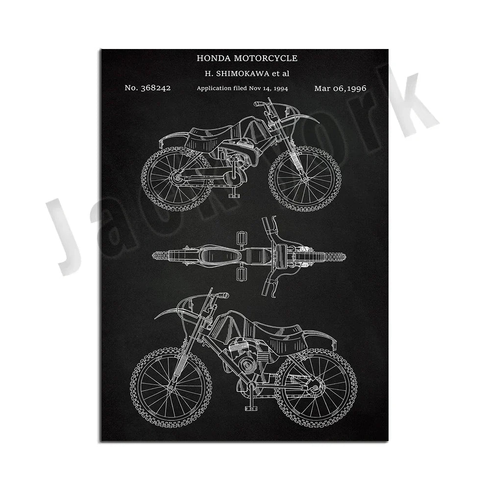 DecorBites™ Dirt Bike Patent Blueprint Poster Canvas Wall Art