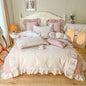 Decobites Pink Korean Princess Pleat Ruffles Cotton Bedding Set - 3/4Pcs