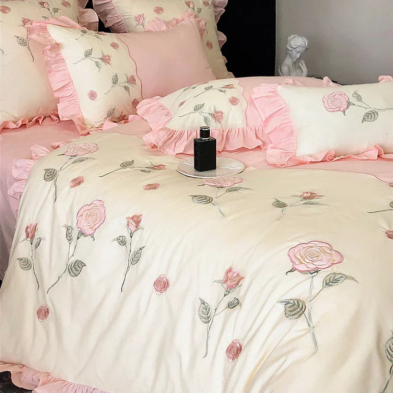 Decobites Vintage Pink Red Rose Flowers Embroidery Bedding Set with Ruffles